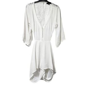 Dance & Marvel Ivory 3/4 Sleeve Front Deep V Button Open Back Crochet Romper L